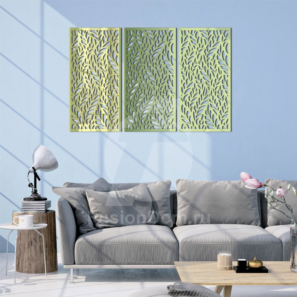 Зеркальная панель Листья золото